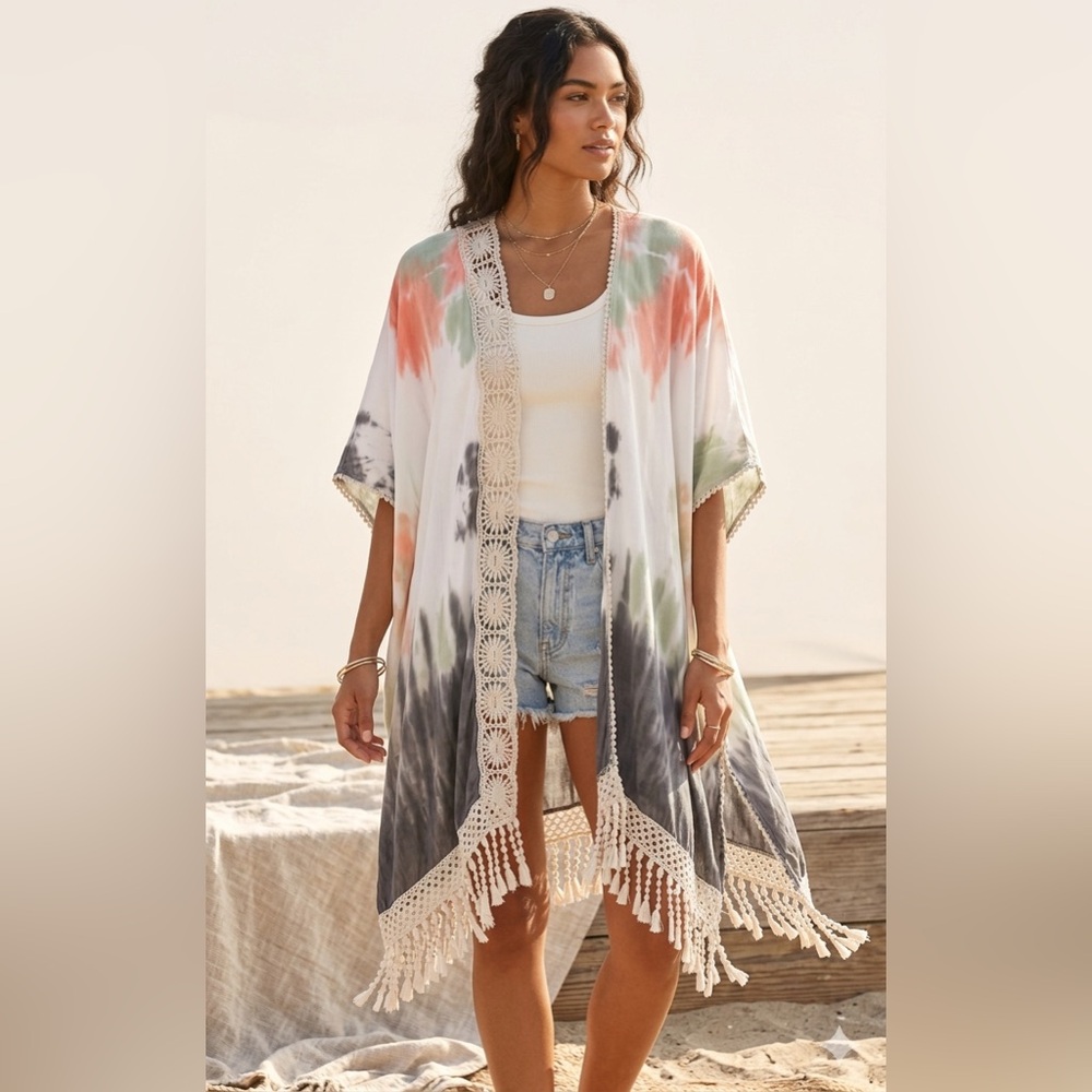Woven Heart Kimono Cover Up Shawl Lace‎ Tie Dye Boho Tassels Open XL